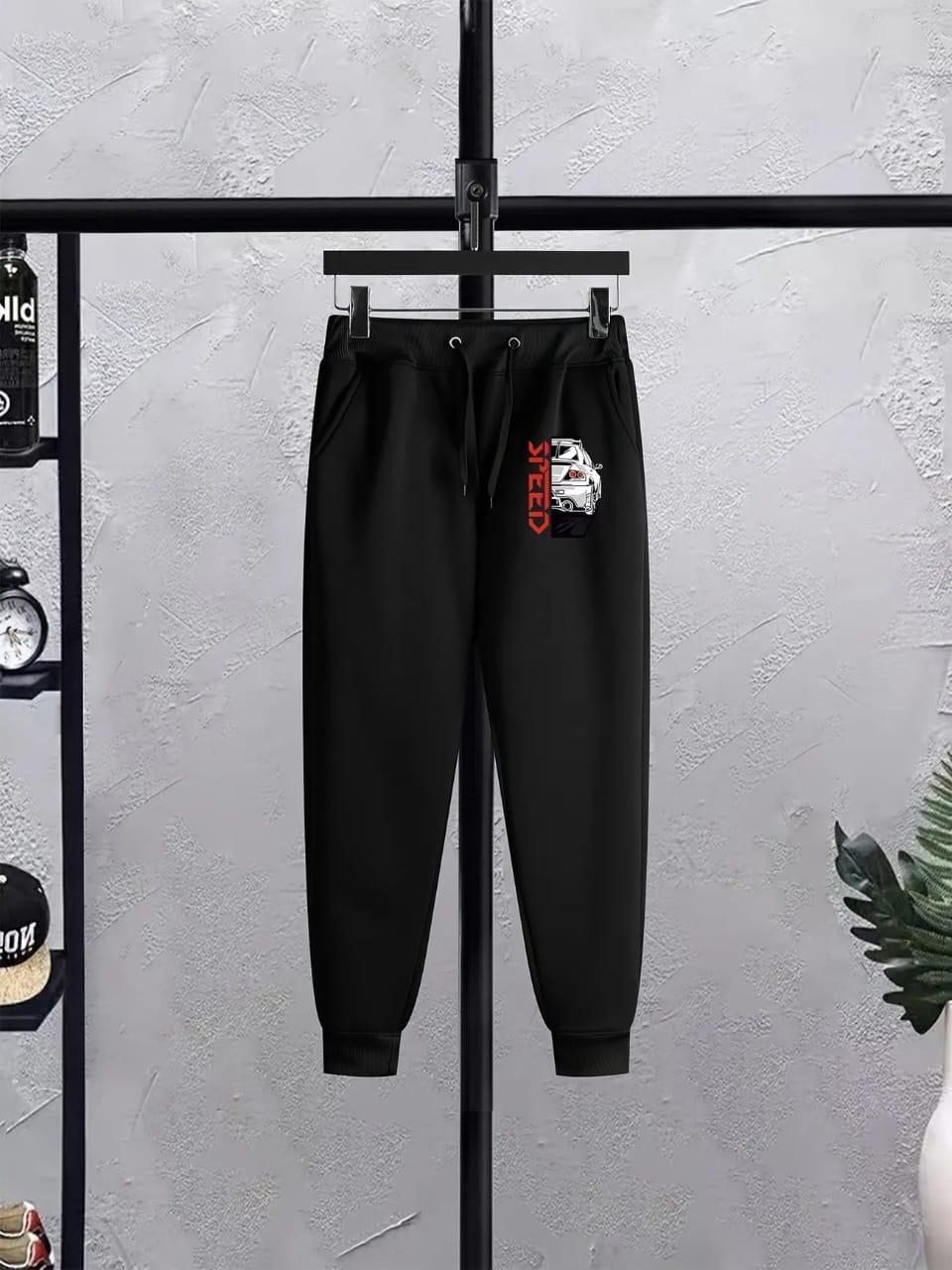 Men's Printed Fleece Hoodie Track Suit - 2 Pcs Set, Speed Black
