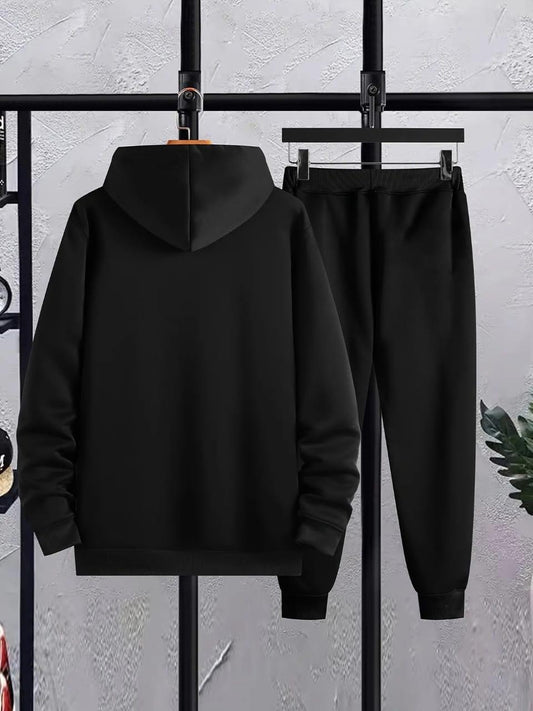 Men's Printed Fleece Hoodie Track Suit - 2 Pcs Set, Speed Black